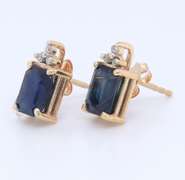 Stunning Yellow Gold Emerald Cut Sapphire and Diamond Earrings