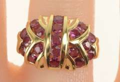 14K Yellow Gold Geometric Ruby Encrusted Domed Statement Ring