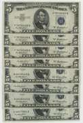 8 Crisp Series of 1953 $5 Blue Seal Silver Certificates