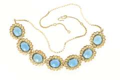 14K Yellow Gold Oval London Blue Topaz Halo Statement Necklace