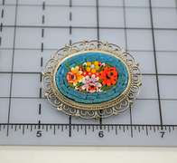 Vintage Millefiori Italian Micro Mosaic Oval Pin Brooch with Floral Design