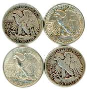 4 Different Walking Liberty Silver Half Dollars