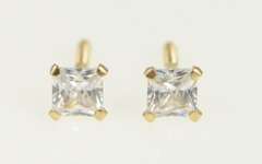 14K Yellow Gold Square Princess CZ Solitaire Classic Stud Earrings