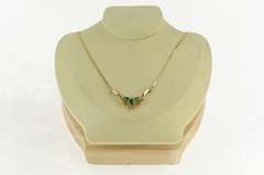 14K Yellow Gold Marquise Syn. Emerald Diamond Halo Chevron Necklace