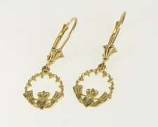 14K Yellow Gold Traditional Celtic Irish Claddagh Dangle Earrings