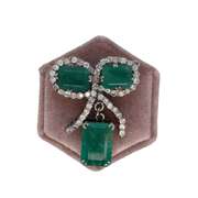 14K WHITE GOLD BOW & EMERALD BROOCH
