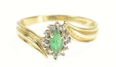 14K Yellow Gold Marquise Emerald Diamond Halo Bypass Ring