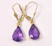 Cute Tear Drop Amethyst Earrings In Yellow Gold