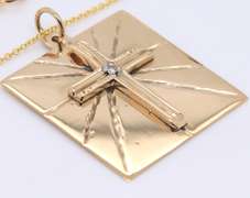 Charming Yellow Gold Square Diamond Cross Pendant on Chain