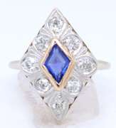 Antique White Gold Synthetic Blue Sapphire and Euro Cut Diamond Ring