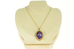 14K Yellow Gold Victorian Royal Blue Floral Enamel Pendant/Pin