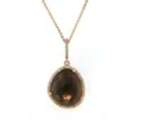 Powerful Rose Gold Smokey Quartz and Diamond Frame Pendant on Chain