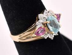 Amazing Blue Topaz and Pink Tourmaline Ring In 14K Yellow Gold