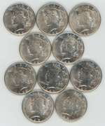 10 Flashy AU to BU Peace Silver Dollars 1922 to 1925