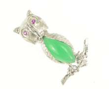 18K White Gold Perched Owl Green Chalcedony Syn. Ruby Pin/Brooch