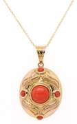 Coral Cabochon Pendant Necklace and Earrings Set in 14K