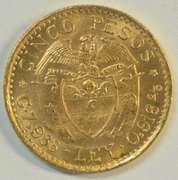 Superb Gem BU 1925 Colombia 5 Pesos Gold Piece