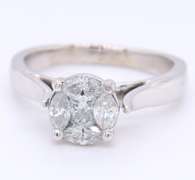 Charming White Gold Marquoise and Princess Cut Cluster Solitaire Style Ring