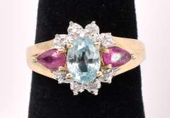 Amazing Blue Topaz and Pink Tourmaline Ring In 14K Yellow Gold