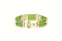 14K Yellow Gold Carved Jade Ornate Chinese Character 1950's Bracelet