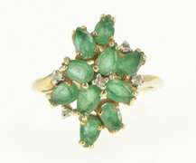 14K Yellow Gold Marquise Natural Emerald Diamond Cluster Ring
