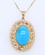 Attractive Yellow Gold oval Turquoise Cabochon Openwork Filagree Halo Pendant on Chain