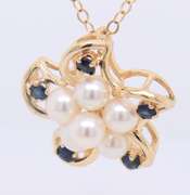 Lovely Yellow Gold Multi Pearl and Sapphire Flower Pendant on Chain