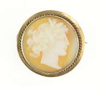14K Yellow Gold Ornate Round Carved Shell Cameo Lady Pin/Brooch