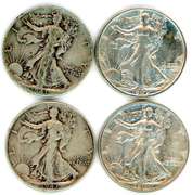 4 Different Walking Liberty Silver Half Dollars