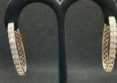14K YELLOW GOLD OVAL BAGUETTE DIAMOND HOOP EARRINGS