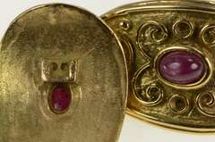 14K Yellow Gold Oval Ruby Etruscan Revival Ornate Vintage Earrings