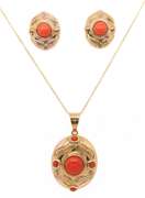 Coral Cabochon Pendant Necklace and Earrings Set in 14K