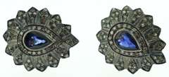 Intricate Teardrop Sapphire Earrings with Elegant Dark Silver Backdrop and Diamond Accents
