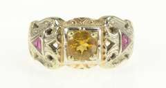 10K Yellow Gold Art Deco Masonic Citrine Syn Ruby Eagle Men's Ring