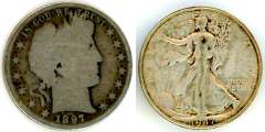 Two Different Types of US Half Dollar: 1897 Barber & 1947 Walking Liberty