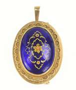 14K Yellow Gold Victorian Royal Blue Floral Enamel Pendant/Pin