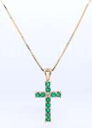 Stunning Yellow Gold Emerald and Diamond Cross Pendant on Chain