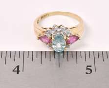 Amazing Blue Topaz and Pink Tourmaline Ring In 14K Yellow Gold
