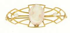 10K Yellow Gold Victorian Coral Cameo Seed Pearl Ornate Pin/Brooch