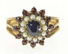 14K Yellow Gold Sapphire Seed Pearl Garnet Halo Cocktail Ring