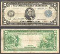 $5 1914 FRN Blue Seal and Serial numbers Chicago District Fine