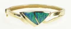 14K Yellow Gold Black Opal Inlay Triangle Bangle Statement Bracelet