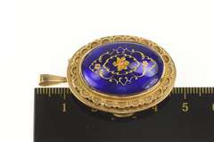 14K Yellow Gold Victorian Royal Blue Floral Enamel Pendant/Pin