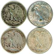 4 Different Walking Liberty Silver Half Dollars
