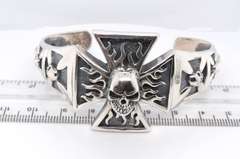 925 Sterling Silver Iron Cross Skull Cuff Bangle