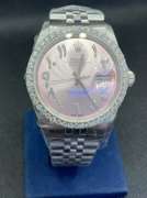 CUSTOM 2.45 CARATS ROLEX 36MM ARABIC PINK DIAL OYSTER PERPETUAL DATE-JUST STAINLESS STEEL LADIES DIAMOND WATCH