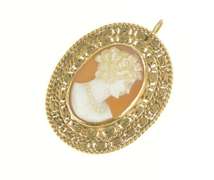 14K Yellow Gold 3D Ornate Carved Shell Cameo Rope Trim Pin/Brooch