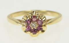 14K Yellow Gold 1960's Diamond Ruby Halo Flower Cluster Ring