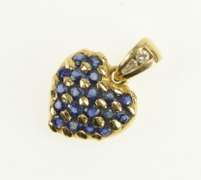 14K Yellow Gold Pave Sapphire Diamond Heart Love Symbol Pendant