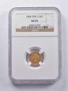 AU55 1854 $1 Indian Princess Head Gold Dollar Piece Type 2 NGC